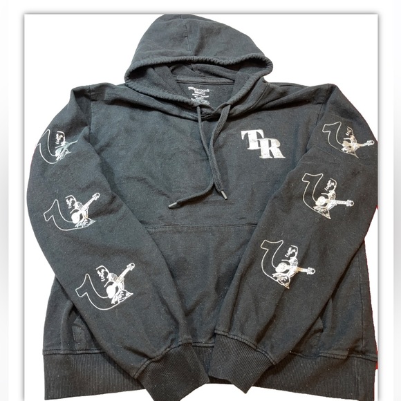 True Religion BLACK HOODIE Horseshoe Pullover Hooded SWEATSHIRT silver Graphic M - Picture 1 of 13